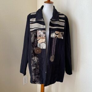 Solveig Cape Town Women’s Art to Wear Jacket Black Fit L Patch Detail Coat